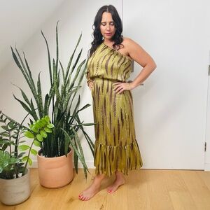 MK Michael Kors Tarragon Feather Peasant One Shoulder Midi Dress Size M